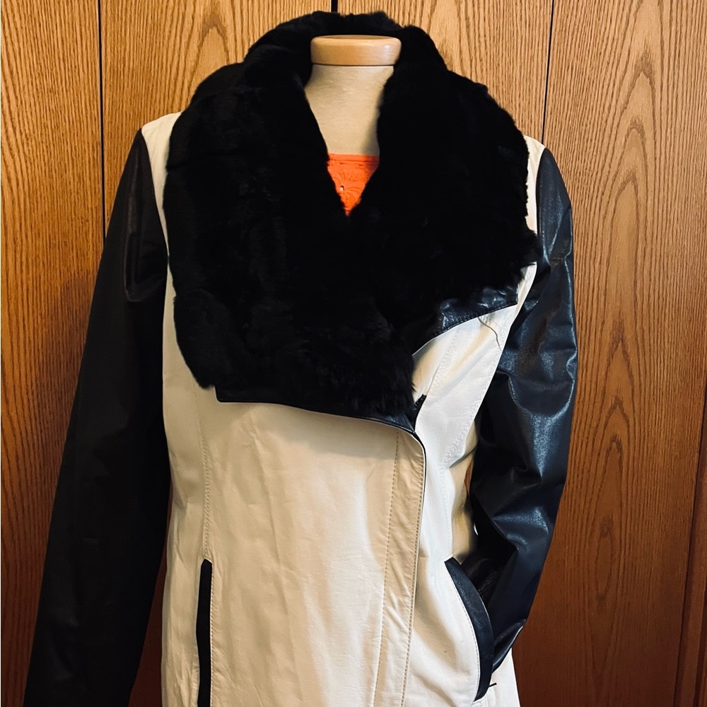Danier Black and off-white Leather Jacket with Rabbit fur collar